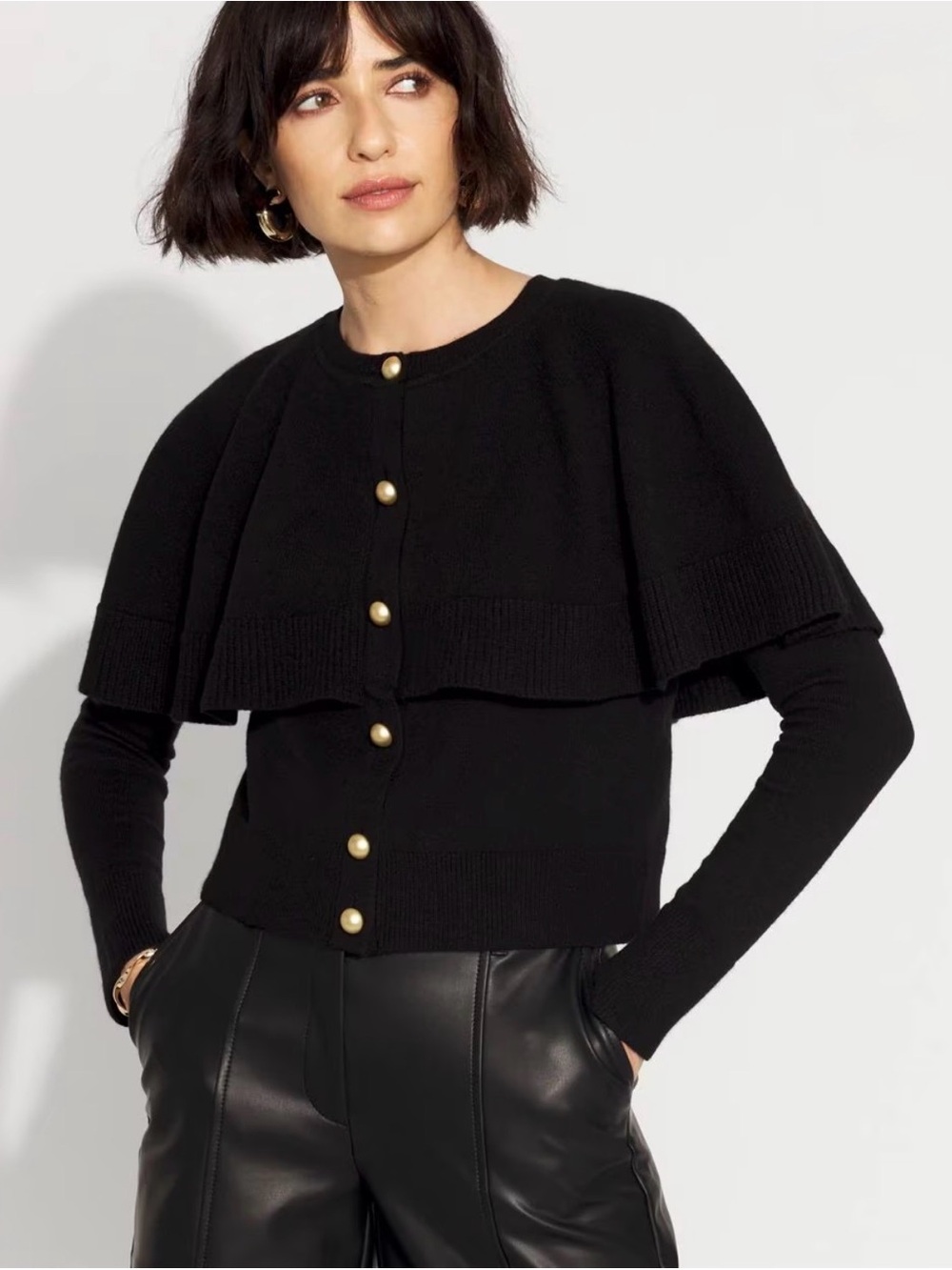 Black Button-Front Cape Cardigan White House Black Market Gold Button Wool Blend